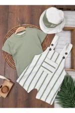 Green Striped Safari Hat Summer Baby Boy Overalls and Snap Bodysuit Set