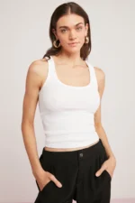Lillesol Women's Basic White Ribbed Thick Strap Tank Top Blouse