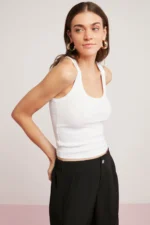 Lillesol Women's Basic White Ribbed Thick Strap Tank Top Blouse - Image 2