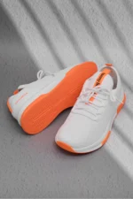 Men Women White and Orange Breathable Lightweight Mesh Running Sneakers - Image 4