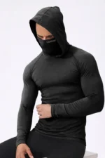 Men's Black Integrated Face Mask Hoodie Sport T-Shirt – Stretch Cotton Long Sleeve Activewear