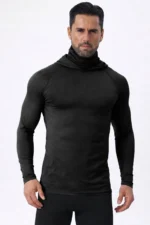 Men's Black Integrated Face Mask Hoodie Sport T-Shirt – Stretch Cotton Long Sleeve Activewear - Image 2