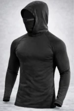 Men's Black Integrated Face Mask Hoodie Sport T-Shirt – Stretch Cotton Long Sleeve Activewear - Image 3