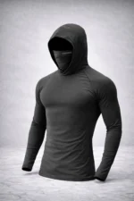 Men's Black Integrated Face Mask Hoodie Sport T-Shirt – Stretch Cotton Long Sleeve Activewear - Image 6