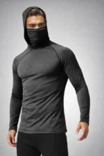 Men's Black Integrated Face Mask Hoodie Sport T-Shirt – Stretch Cotton Long Sleeve Activewear - Image 7