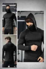 Men's Black Integrated Face Mask Hoodie Sport T-Shirt – Stretch Cotton Long Sleeve Activewear - Image 8