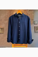 Men's Dark Navy Blue Oversized Linen Summer Shirt - Long Sleeve Button-Down Collar
