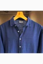 Men's Dark Navy Blue Oversized Linen Summer Shirt - Long Sleeve Button-Down Collar - Image 2