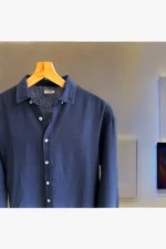Men's Dark Navy Blue Oversized Linen Summer Shirt - Long Sleeve Button-Down Collar - Image 3