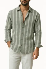 Men's Khaki Oversized Linen Summer Shirt - Long Sleeve Button-Down Shirt