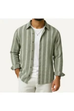 Men's Khaki Oversized Linen Summer Shirt - Long Sleeve Button-Down Shirt - Image 2