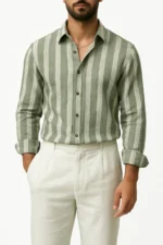 Men's Khaki Oversized Linen Summer Shirt - Long Sleeve Button-Down Shirt - Image 3