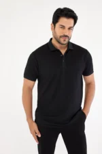 Men's Slim Fit Polo Neck T-shirt - Jet Black Non-Shrinking Cotton Fabric