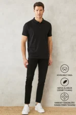 Men's Slim Fit Polo Neck T-shirt - Jet Black Non-Shrinking Cotton Fabric - Image 2