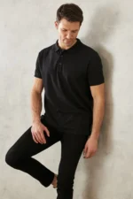 Men's Slim Fit Polo Neck T-shirt - Jet Black Non-Shrinking Cotton Fabric - Image 3
