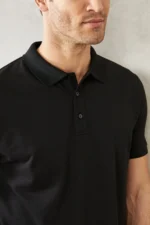 Men's Slim Fit Polo Neck T-shirt - Jet Black Non-Shrinking Cotton Fabric - Image 6