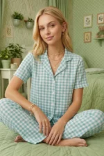 Mint Green Checkered Crinkle Fabric Short Sleeve Pajama Set