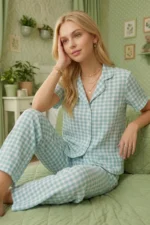 Mint Green Checkered Crinkle Fabric Short Sleeve Pajama Set - Image 2
