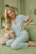 Mint Green Checkered Crinkle Fabric Short Sleeve Pajama Set - Image 3