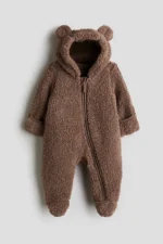 Plush Furred Baby Pramsuit Snowsuit with Animal Ears Brown