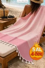 Striped Turkish Peshtemal Towel 100% Cotton Fringed Beach Pool Spa Gym Travel Blanket - Pink