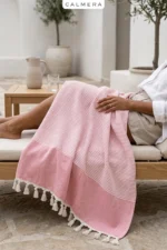 Striped Turkish Peshtemal Towel 100% Cotton Fringed Beach Pool Spa Gym Travel Blanket - Pink - Image 3
