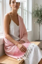 Striped Turkish Peshtemal Towel 100% Cotton Fringed Beach Pool Spa Gym Travel Blanket - Pink - Image 4