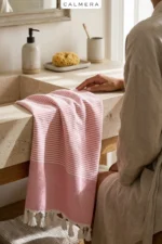 Striped Turkish Peshtemal Towel 100% Cotton Fringed Beach Pool Spa Gym Travel Blanket - Pink - Image 5