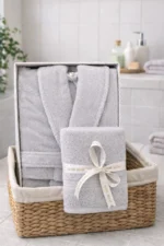 Trendy Shawl Collar Bathrobe and Hair Towel Set Grey – 100% Cotton Premium Spa Robe Set