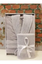 Trendy Shawl Collar Bathrobe and Hair Towel Set Grey – 100% Cotton Premium Spa Robe Set - Image 2
