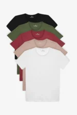 Unisex 5-Pack 100% Cotton Crew Neck Slim Fit T-shirt - Black, White, Khaki, Burgundy, Mink