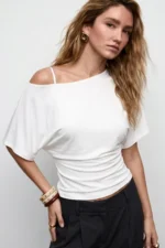 White Asymmetric Slim Fit 97% Cotton Batwing Sleeve Blouse