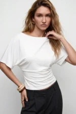 White Asymmetric Slim Fit 97% Cotton Batwing Sleeve Blouse - Image 2