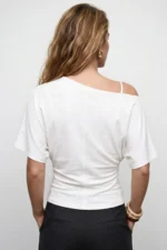 White Asymmetric Slim Fit 97% Cotton Batwing Sleeve Blouse - Image 3