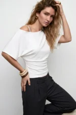 White Asymmetric Slim Fit 97% Cotton Batwing Sleeve Blouse - Image 4