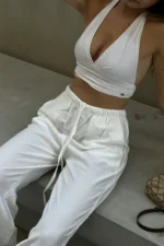 White Linen Blend Wide-Leg Trousers - Loose Fit Summer Casual Pants - Image 2