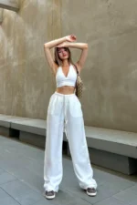 White Linen Blend Wide-Leg Trousers - Loose Fit Summer Casual Pants - Image 3
