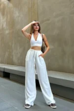 White Linen Blend Wide-Leg Trousers - Loose Fit Summer Casual Pants - Image 4