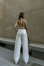 White Linen Blend Wide-Leg Trousers - Loose Fit Summer Casual Pants - Image 6