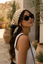 White Scarf with Black Polka Dots - Elegant and Stylish Women's Accessory - Image 2