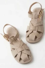 Women Beige Suede Cage Sandals Elegant Strappy Block Heel Shoes