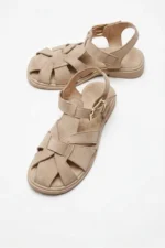 Women Beige Suede Cage Sandals Elegant Strappy Block Heel Shoes - Image 2