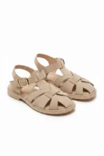 Women Beige Suede Cage Sandals Elegant Strappy Block Heel Shoes - Image 3