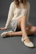 Women Beige Tweed Fabric Mary Jane Flats Fashion Buckle Comfortable Shoes - Image 2