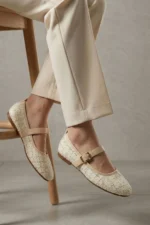 Women Beige Tweed Fabric Mary Jane Flats Fashion Buckle Comfortable Shoes - Image 4