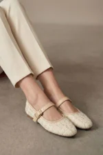 Women Beige Tweed Fabric Mary Jane Flats Fashion Buckle Comfortable Shoes - Image 5