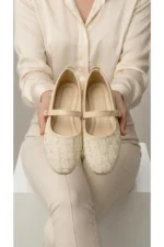 Women Beige Tweed Fabric Mary Jane Flats Fashion Buckle Comfortable Shoes - Image 7