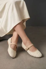 Women Beige Tweed Fabric Mary Jane Flats Fashion Buckle Comfortable Shoes - Image 8