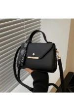 Women Black Faux Leather Shoulder Bag with Scarf Detail Elegant Daily Handbag Tote