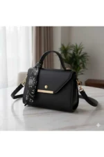 Women Black Faux Leather Shoulder Bag with Scarf Detail Elegant Daily Handbag Tote - Image 2